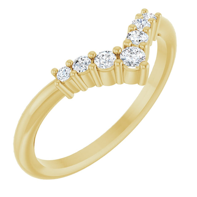 14K Gold Round Natural White Sapphire Graduated V Ring - Yellow Gold
