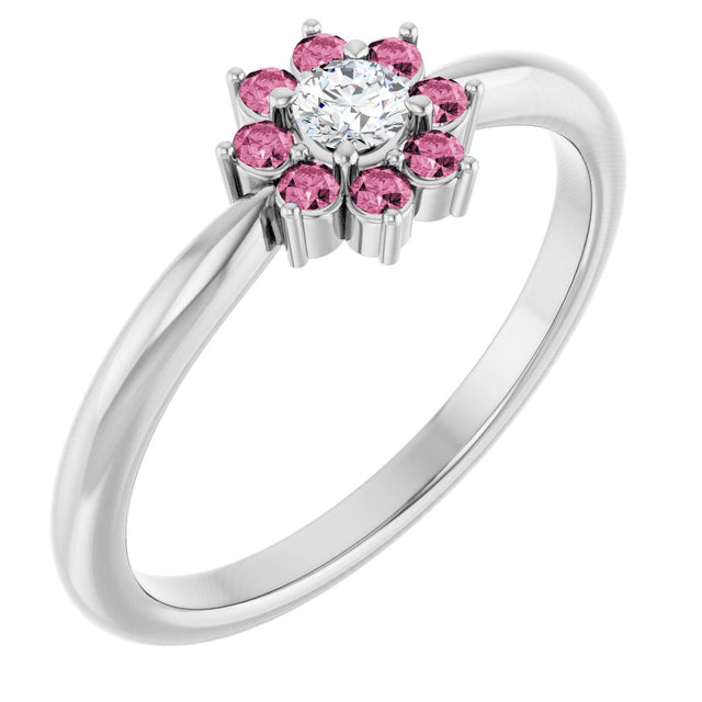 Platinum Round Natural Pink Tourmaline Youth Flower Ring
