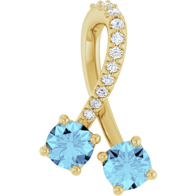 14K Gold Round Natural Aquamarine Two-Stone Necklace or Pendant - Yellow Gold