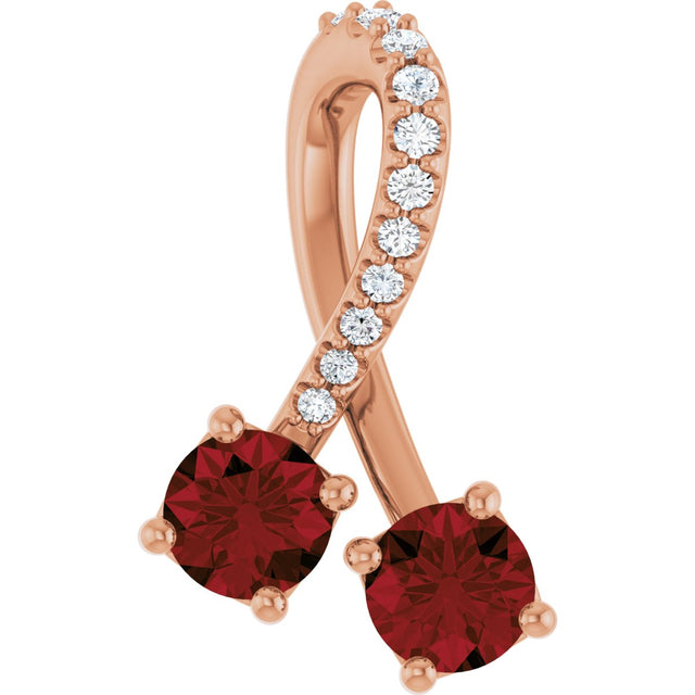 14K Gold Round Natural Mozambique Garnet Two-Stone Necklace or Pendant - Rose Gold