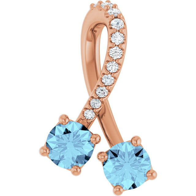 14K Gold Round Natural Aquamarine Two-Stone Necklace or Pendant - Rose Gold