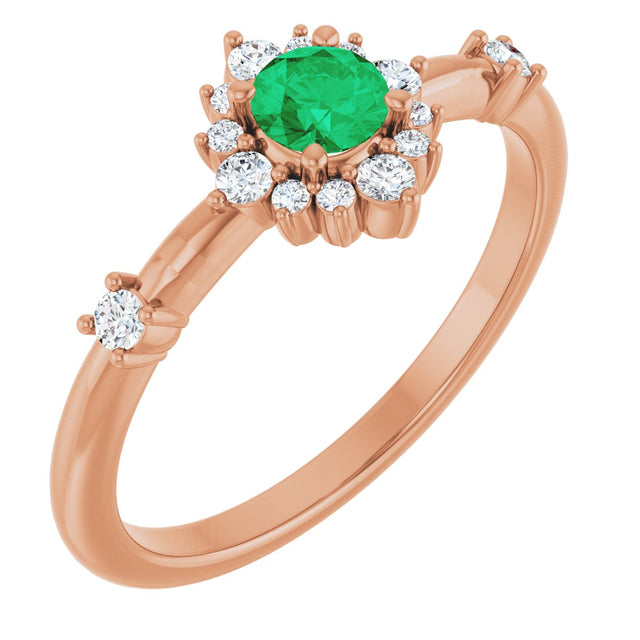 14K Gold Oval Natural Emerald Halo-Style Ring - Rose Gold