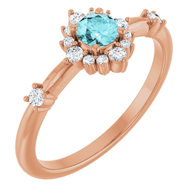 14K Gold Oval Natural Blue Zircon Halo-Style Ring - Rose Gold