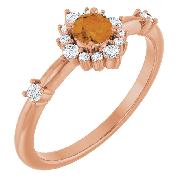14K Gold Oval Natural Citrine Halo-Style Ring - Rose Gold