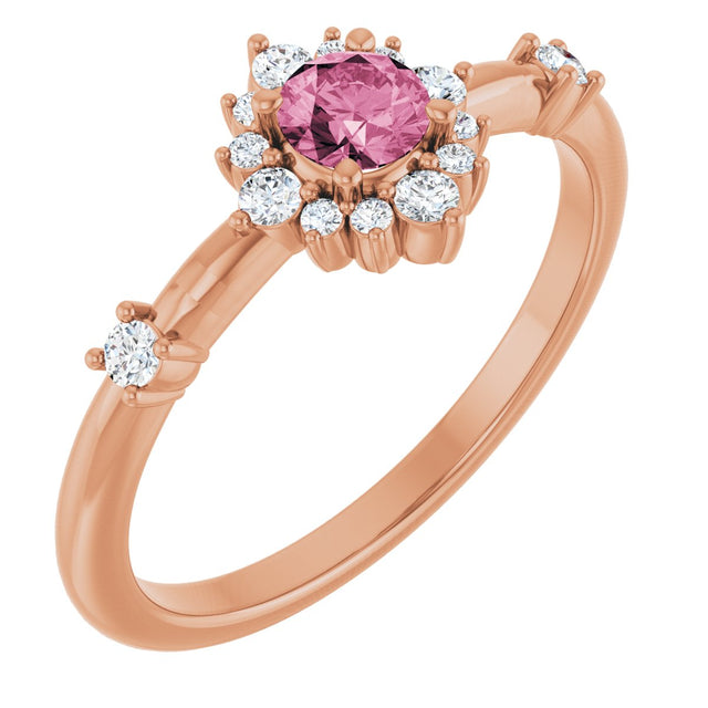 14K Gold Oval Natural Pink Tourmaline Halo-Style Ring - Rose Gold