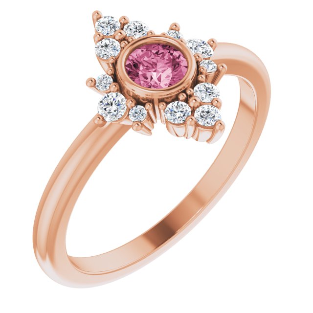 14K Gold Round Natural Pink Tourmaline Halo-Style Ring - Rose Gold