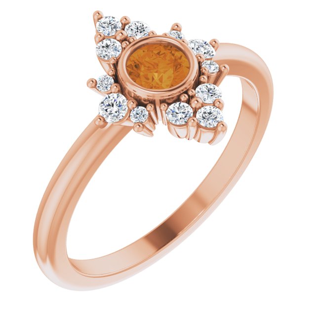 14K Gold Round Natural Citrine Halo-Style Ring - Rose Gold