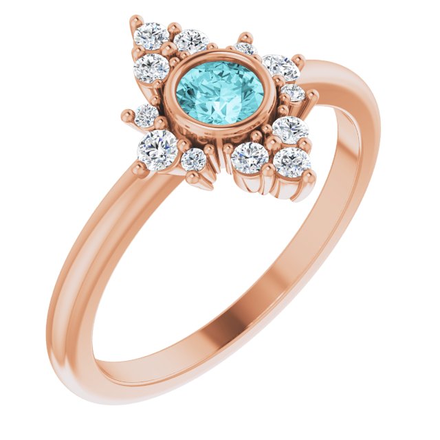 14K Gold Round Natural Blue Zircon Halo-Style Ring - Rose Gold