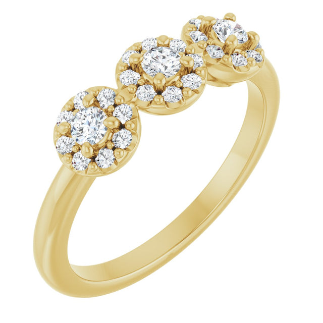 14K Gold Oval Natural Diamond Three-Stone Halo-Style Anniversary Band - Yellow Gold