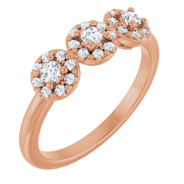 14K Gold Oval Natural Diamond Three-Stone Halo-Style Anniversary Band - Rose Gold