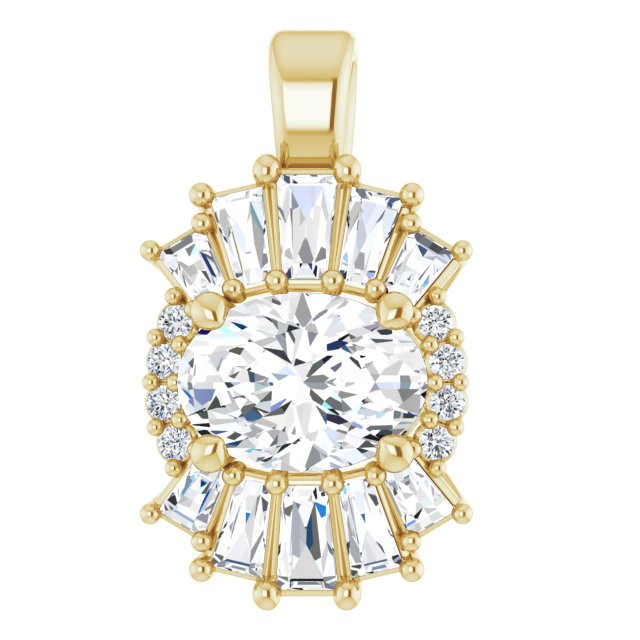14K Gold Oval Natural White Sapphire Halo-Style Necklace or Pendant - Yellow Gold