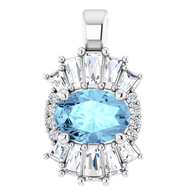 Platinum Oval Natural Aquamarine Halo-Style Necklace or Pendant