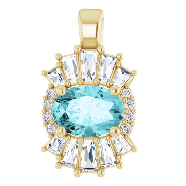 14K Gold Oval Natural Blue Zircon Halo-Style Necklace or Pendant - Yellow Gold
