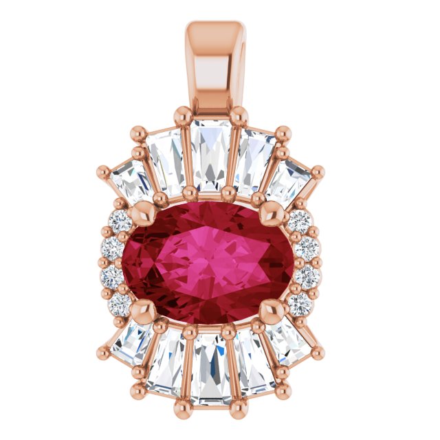 14K Gold Oval Natural Ruby Halo-Style Necklace or Pendant - Rose Gold
