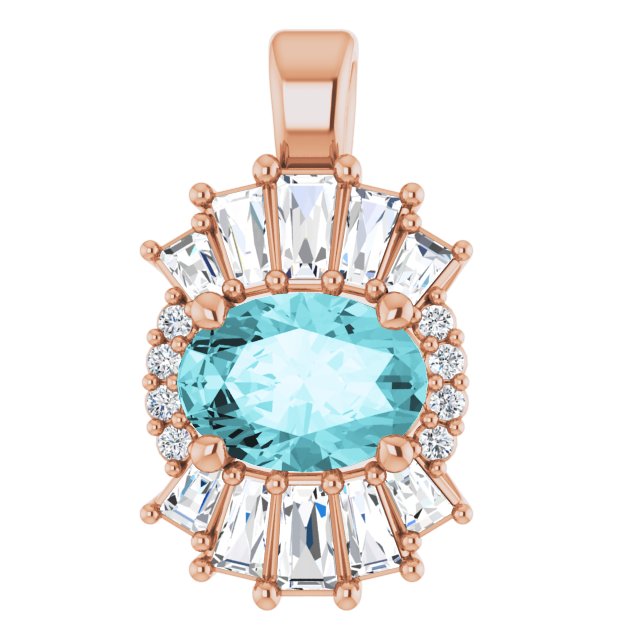 14K Gold Oval Natural Blue Zircon Halo-Style Necklace or Pendant - Rose Gold