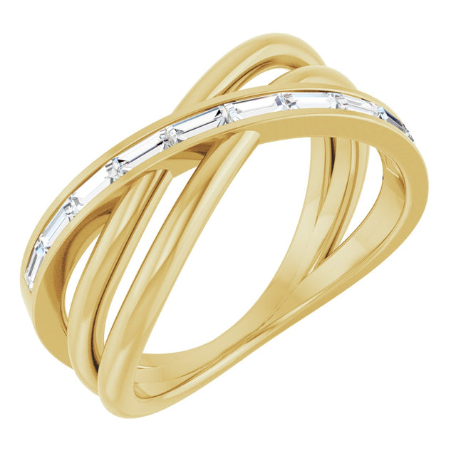 14K Gold Straight Baguette Natural Diamond Channel-Set Criss-Cross Ring - Yellow Gold
