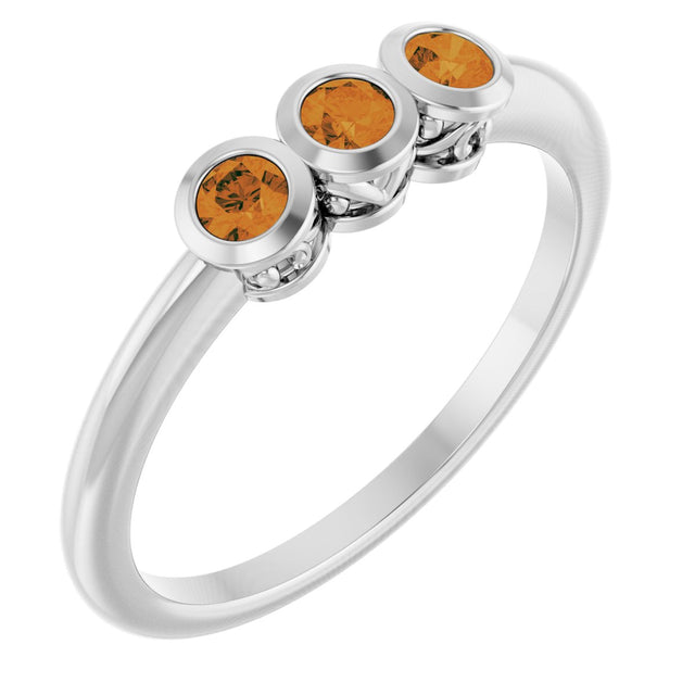 Platinum Round Natural Citrine Three-Stone Bezel-Set Ring