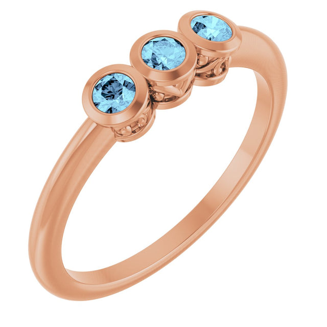 14K Gold Round Natural Aquamarine Three-Stone Bezel-Set Ring - Rose Gold