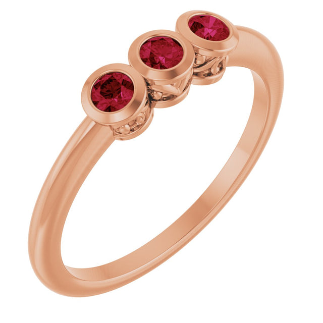 14K Gold Round Natural Ruby Three-Stone Bezel-Set Ring - Rose Gold