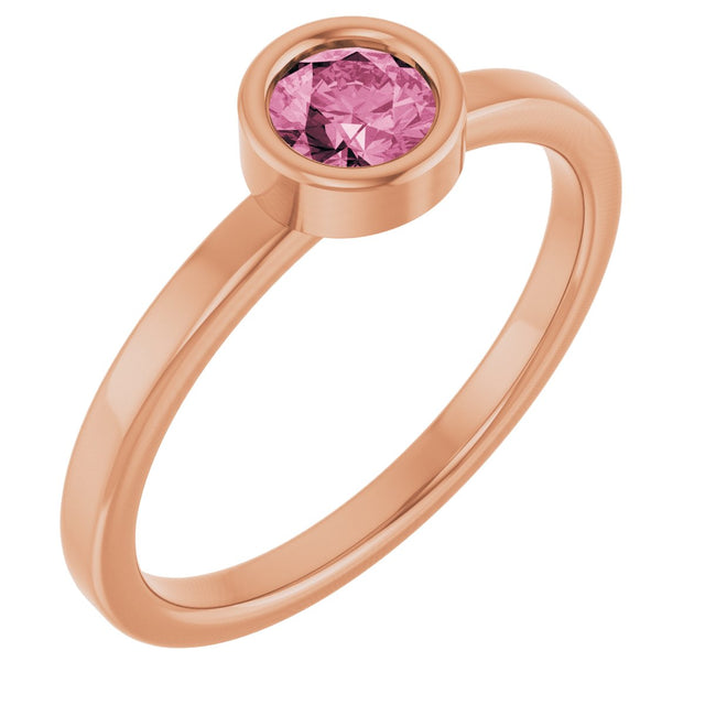14K Gold Round Natural Pink Tourmaline Bezel-Set Solitaire Ring - Rose Gold