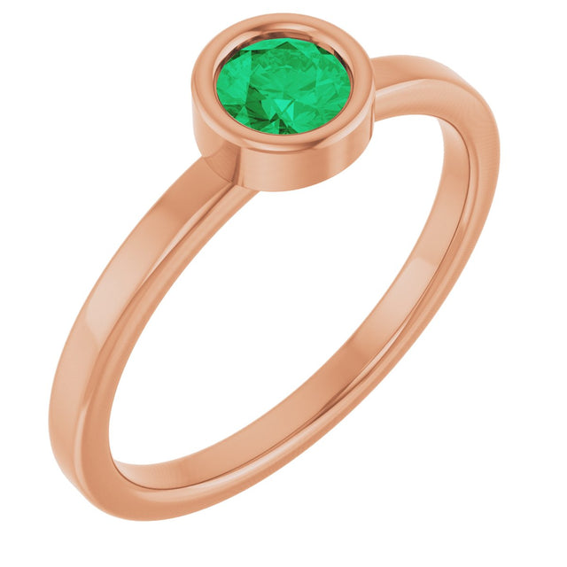 14K Gold Round Natural Emerald Bezel-Set Solitaire Ring - Rose Gold