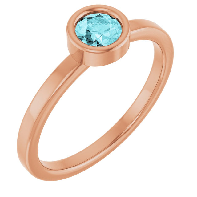 14K Gold Round Natural Blue Zircon Bezel-Set Solitaire Ring - Rose Gold