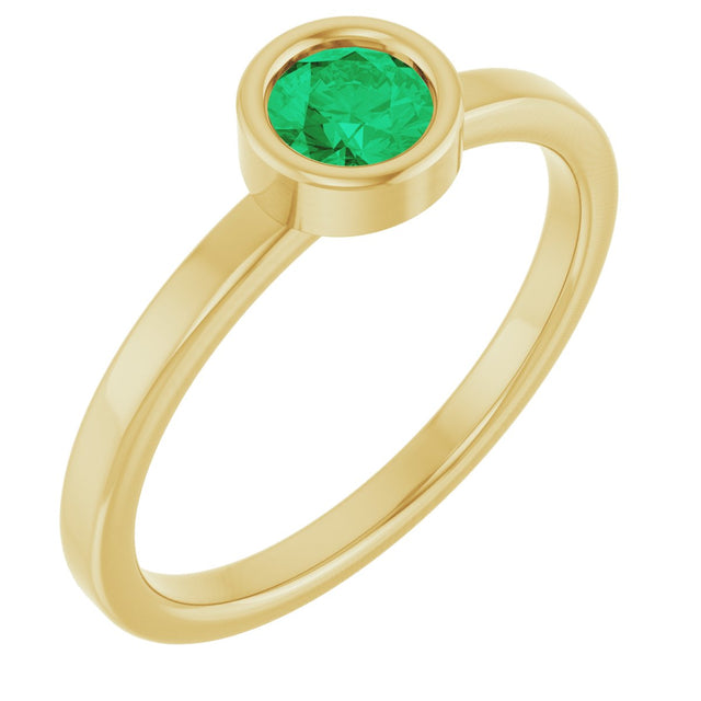 14K Gold Round Natural Emerald Bezel-Set Solitaire Ring - Yellow Gold