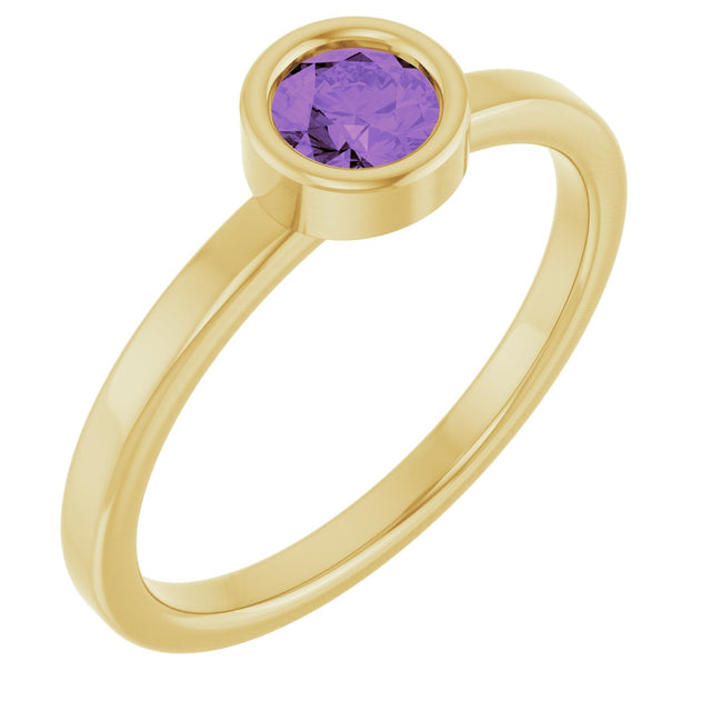 14K Gold Round Natural Amethyst Bezel-Set Solitaire Ring - Yellow Gold