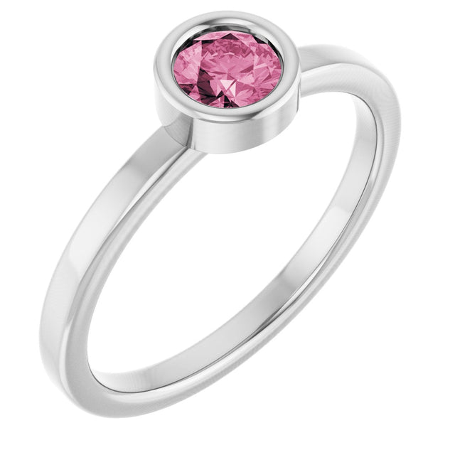 Platinum Round Natural Pink Tourmaline Bezel-Set Solitaire Ring