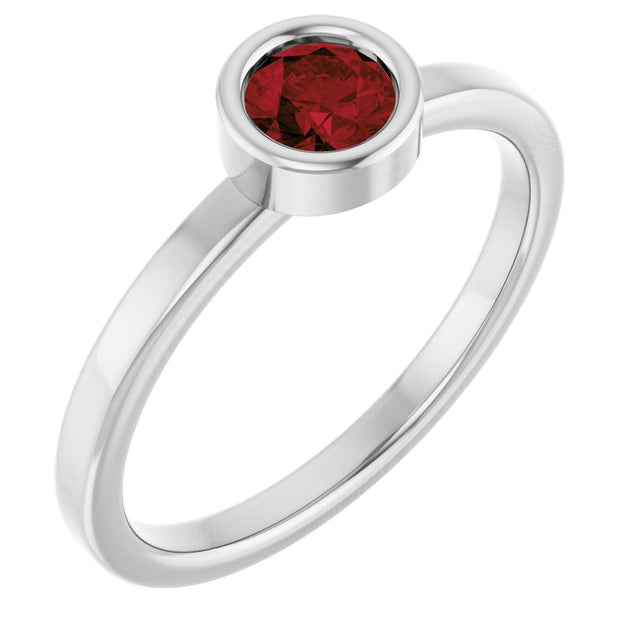 14K Gold Round Natural Mozambique Garnet Bezel-Set Solitaire Ring - White Gold