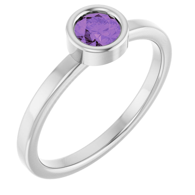 Platinum Round Natural Amethyst Bezel-Set Solitaire Ring