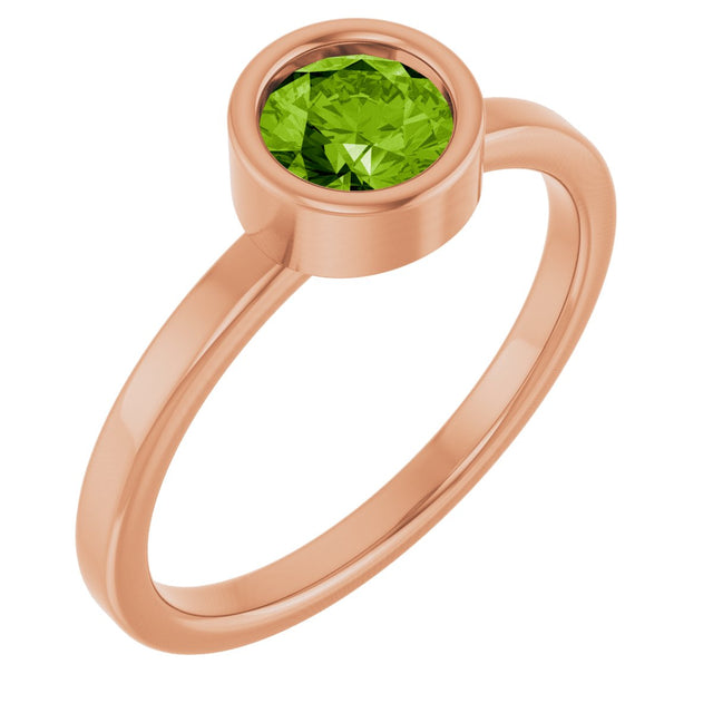 14K Gold Round Natural Peridot Bezel-Set Solitaire Ring - Rose Gold