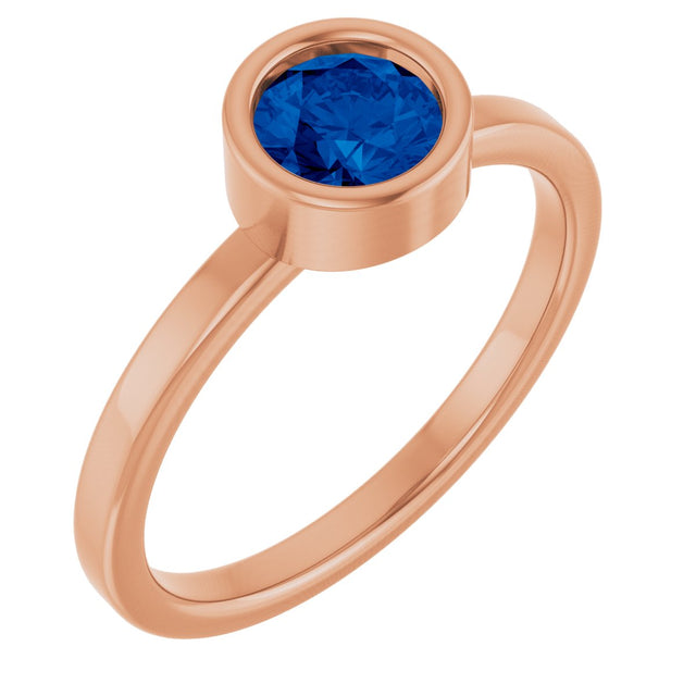 14K Gold Round Natural Blue Sapphire Bezel-Set Solitaire Ring - Rose Gold