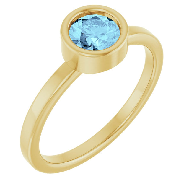 14K Gold Round Natural Aquamarine Bezel-Set Solitaire Ring - Yellow Gold