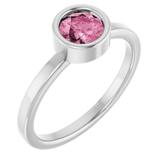 Platinum Round Natural Pink Tourmaline Bezel-Set Solitaire Ring