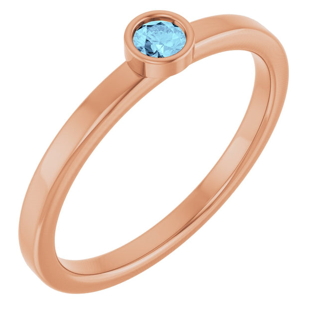 14K Gold Round Natural Aquamarine Bezel-Set Solitaire Ring - Rose Gold