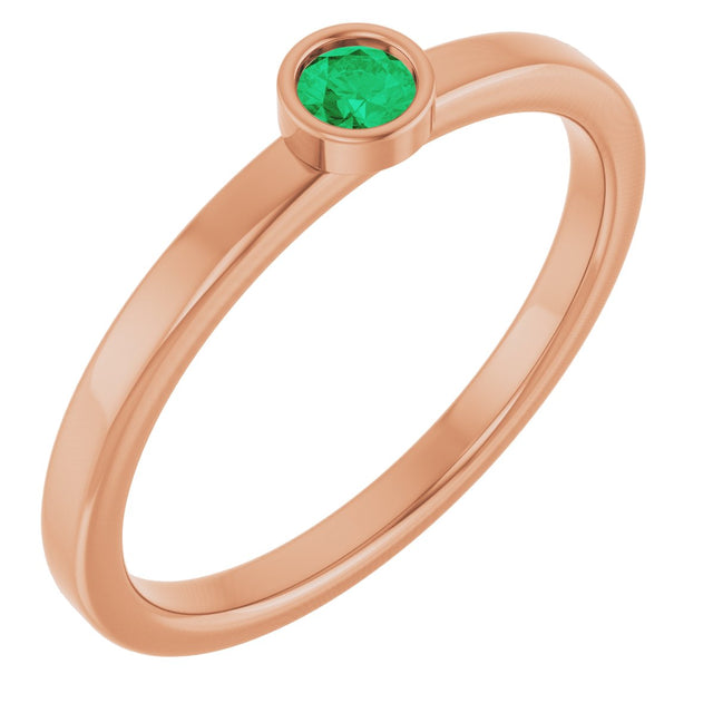 14K Gold Round Natural Emerald Bezel-Set Solitaire Ring - Rose Gold