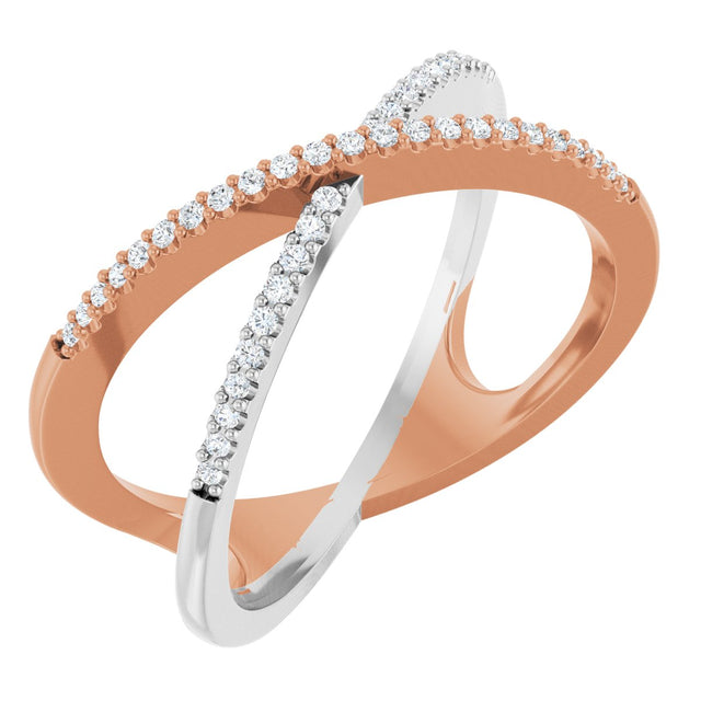 14K Gold Round Natural Diamond Accented Criss-Cross Ring – 0.95mm Stones - Two-Tone