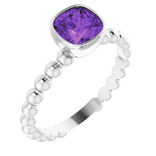 14K Gold Cushion Natural Amethyst Family Beaded Stackable Ring - White Gold