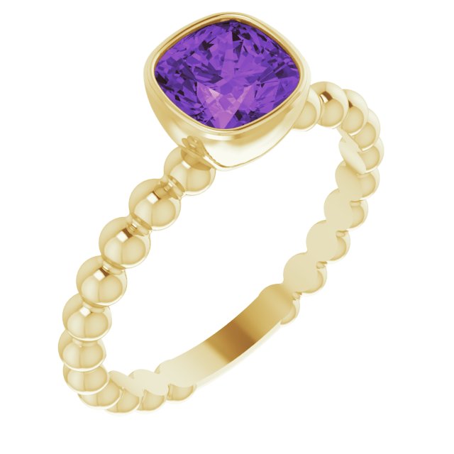14K Gold Cushion Natural Amethyst Family Beaded Stackable Ring - Yellow Gold