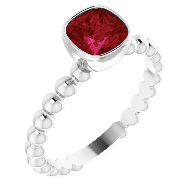 14K Gold Cushion Lab-Grown Ruby Family Beaded Stackable Ring - White Gold