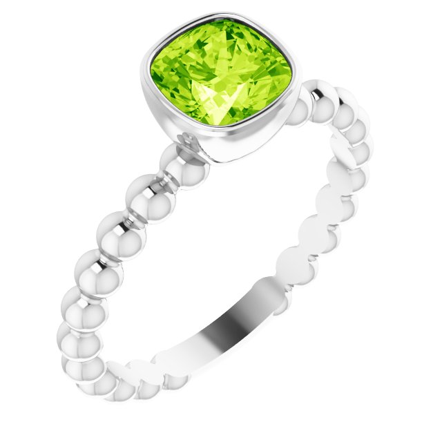 14K Gold Cushion Natural Peridot Family Beaded Stackable Ring - White Gold