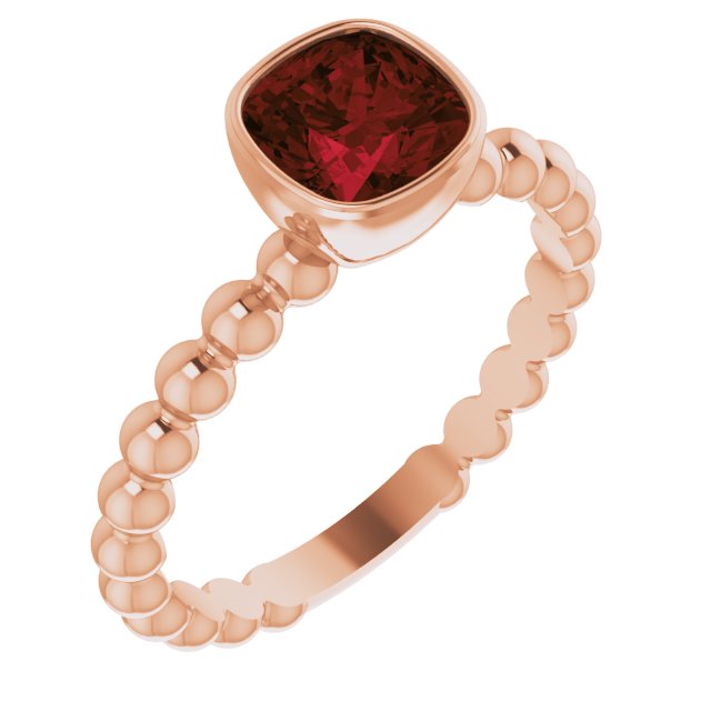 14K Gold Cushion Natural Mozambique Garnet Family Beaded Stackable Ring - Rose Gold