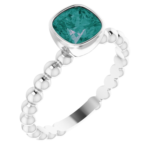 14K Gold Cushion Lab-Grown Alexandrite Family Beaded Stackable Ring - White Gold