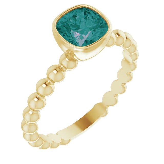 14K Gold Cushion Lab-Grown Alexandrite Family Beaded Stackable Ring - Yellow Gold