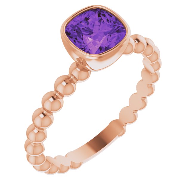 14K Gold Cushion Natural Amethyst Family Beaded Stackable Ring - Rose Gold
