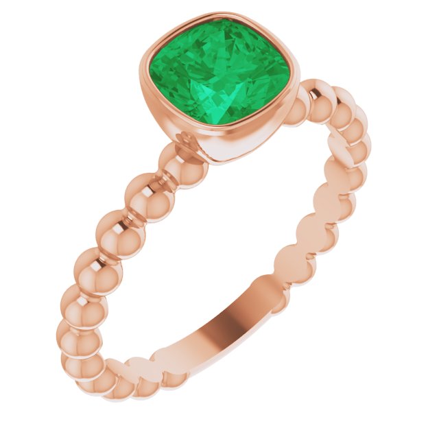 14K Gold Cushion Lab-Grown Emerald Family Beaded Stackable Ring - Rose Gold