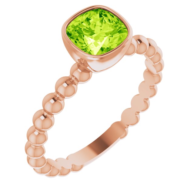 14K Gold Cushion Natural Peridot Family Beaded Stackable Ring - Rose Gold