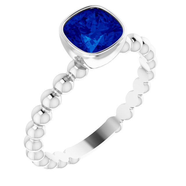 14K Gold Cushion Lab-Grown Blue Sapphire Family Beaded Stackable Ring - White Gold