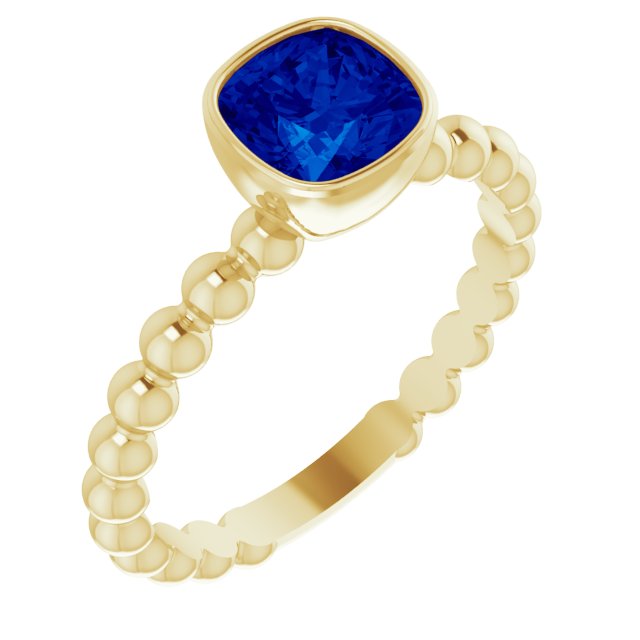 14K Gold Cushion Lab-Grown Blue Sapphire Family Beaded Stackable Ring - Yellow Gold